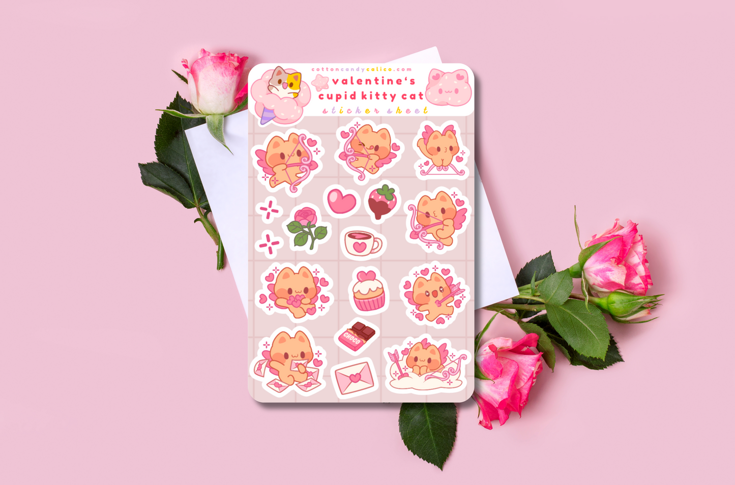 Valentine's Cupid Kitty Cat Sticker Sheet