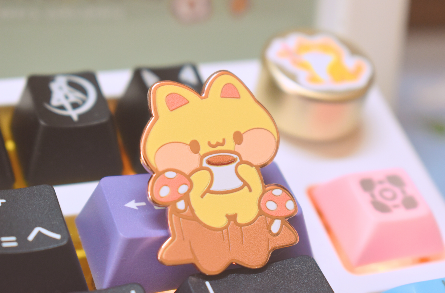 Tea Time Kitty Cat & Mushrooms Hard Enamel Pin